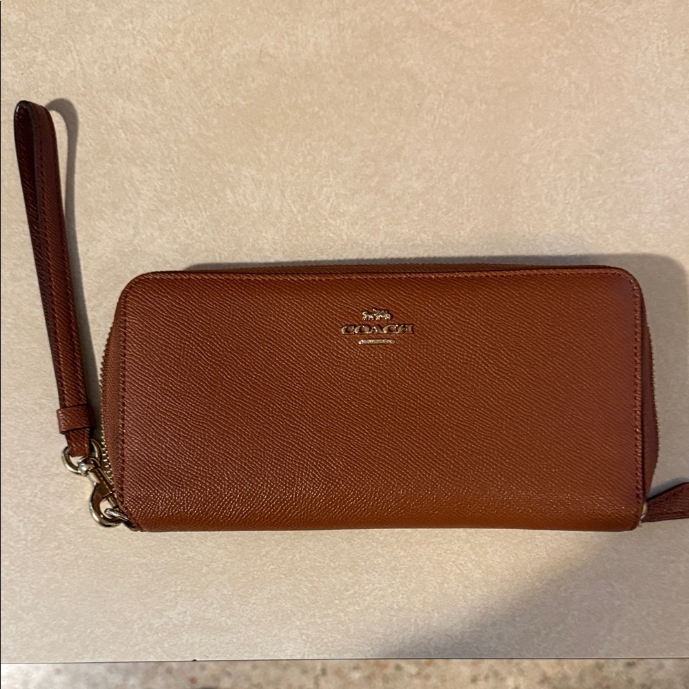 Coach Cognac Saffiano Zip Wristlet Wallet
